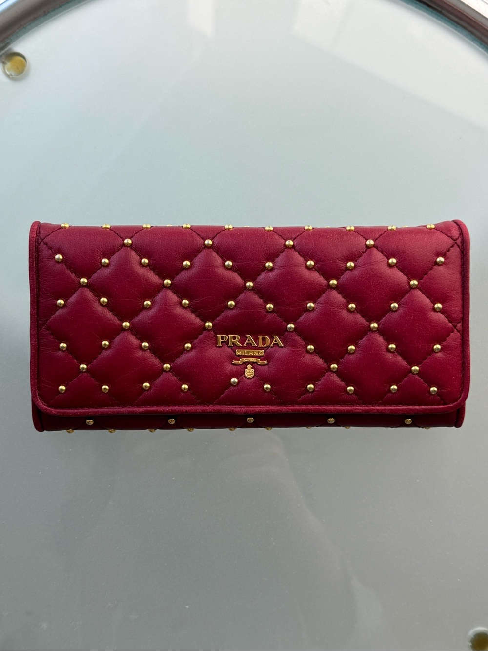 Prada Red Studded and Quilted Leather Continental Flap Wallet